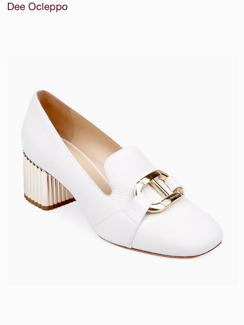 Dee Ocleppo White Leather Block Heel Loafer with Gold Accent